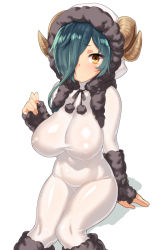 Rule 34 | 1girl, animal costume, blue hair, blush, bodysuit, breasts, covered erect nipples, highres, horns, large breasts, looking at viewer, sengoku collection, sheep costume, sheep horns, sitting, solo, tenchisouha, yellow eyes