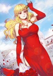 Rule 34 | 1girl, bare shoulders, blonde hair, bouquet, breasts, cleavage, dress, earrings, elbow gloves, elysion, flower, gijang, gloves, gun, jewelry, large breasts, long hair, necklace, red dress, red eyes, red gloves, rose, sleeveless, sleeveless dress, solo, sound horizon, standing, stardust, weapon