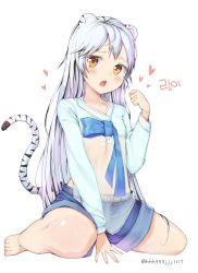 Rule 34 | 1girl, animal ears, bad id, bad pixiv id, blue ribbon, blush, character name, character request, collarbone, copyright request, denim, denim shorts, fang, heart, highres, hwayoung, long hair, looking at viewer, orange eyes, parted lips, ribbon, shorts, sitting, solo, tail, wariza, white hair