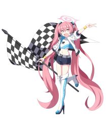 Rule 34 | absurdly long hair, alternate costume, arm up, black jacket, black shorts, blue archive, blush stickers, boots, checkered flag, commentary request, flag, full body, hair ornament, halo, high heel boots, high heels, highres, holding, holding flag, jacket, koyuki (blue archive), long hair, pink eyes, pink hair, race vehicle, short shorts, shorts, standing, standing on one leg, thigh boots, v, very long hair, white background, white footwear, white jacket, wristband, yukimi unagi