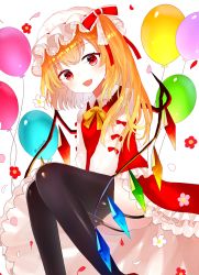 Rule 34 | 1girl, balloon, black thighhighs, blonde hair, blush, commentary, commentary request, crystal, flandre scarlet, flower, frilled hat, frilled shirt, frilled skirt, frills, garter straps, hat, long hair, long sleeves, looking at viewer, mob cap, neck ribbon, neckwear request, open mouth, petticoat, red eyes, red ribbon, red skirt, red vest, ribbon, sakizaki saki-p, shirt, side ponytail, simple background, skirt, smile, solo, teeth, thighhighs, touhou, vest, white background, white shirt, wings, yellow ribbon