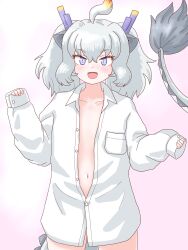 Rule 34 | 1girl, animal ears, blush, bottomless, breast pocket, collarbone, dragon ears, dragon girl, dragon horns, dragon tail, dress shirt, extra ears, flat chest, fur-tipped tail, highres, horns, kemono friends, kemono friends 3, long tail, looking at viewer, mukouyama mu, multicolored horns, naked shirt, navel, no bra, open clothes, open mouth, open shirt, oversized clothes, oversized shirt, partially unbuttoned, pocket, purple horns, shirt, simple background, smile, solo, tail, white dragon (kemono friends), white hair, white shirt, yellow horns