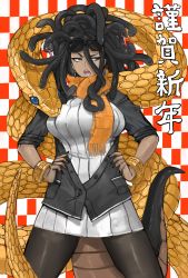 Rule 34 | 10s, 1girl, 2013, black hair, blue eyes, bracelet, breasts, chinese zodiac, dark skin, dress, earrings, fang, forked tongue, frown, snake hair, dreadlocks, hands on own hips, highres, jacket, jewelry, large breasts, long hair, madarame, mole, monster girl, new year, open mouth, original, pantyhose, scarf, skirt, sleeping, snake, snake (chinese zodiac), snake hair, standing, sunglasses, sweater, sweater dress, tail, tongue