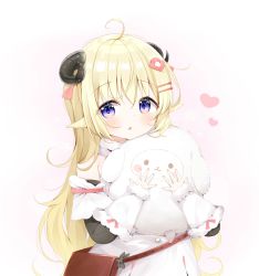 Rule 34 | 1girl, :o, ahoge, animal ears, bare shoulders, blonde hair, blush, commentary request, curled horns, deyui, dress, fur-trimmed sleeves, fur trim, hair between eyes, hair ornament, hairclip, heart, highres, hololive, horns, long hair, long sleeves, looking at viewer, parted lips, purple eyes, sheep ears, sheep girl, sheep horns, sleeveless, sleeveless dress, sleeves past wrists, solo, stuffed animal, stuffed sheep, stuffed toy, tsunomaki watame, tsunomaki watame (1st costume), very long hair, virtual youtuber, white dress, white sleeves