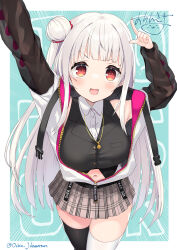 Rule 34 | 1girl, absurdres, arms up, black thighhighs, breasts, crop top, grey hair, hair bun, highres, jacket, large breasts, long hair, looking at viewer, navel, ochinsama, open mouth, original, partially unzipped, pleated skirt, red eyes, skirt, smile, solo, thighhighs, white hair, white thighhighs