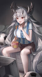 Rule 34 | 1girl, absurdres, ahoge, argentina, argentinian flag, argentinian flag print, arknights, ball, bare legs, breasts, breasts squeezed together, couch, crt, fangs, flag print, food, grey hair, highres, horns, indoors, large breasts, long hair, matoimaru (arknights), multiple horns, on couch, open mouth, pointy ears, red eyes, shirt, short sleeves, shorts, sitting, smile, soccer ball, soccer uniform, solo, sportswear, striped clothes, striped shirt, television, vertical-striped clothes, vertical-striped shirt, very long hair, watching television, wuzhihuijia