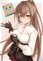 Rule 34 | 1girl, ahoge, belt, bow, bow earrings, breasts, brown capelet, brown cloak, brown corset, brown eyes, brown hair, capelet, cleavage, cleavage cutout, cloak, clothing cutout, coffee, commentary, corset, cup, earrings, feather hair ornament, feathers, friend (nanashi mumei), gloves, hair ornament, hairclip, hand up, highres, holding, holding cup, hololive, hololive english, jewelry, kouyadoufu, leather belt, looking at viewer, medium breasts, multicolored hair, nanashi mumei, partially fingerless gloves, ponytail, ribbon, shirt, sidelocks, streaked hair, virtual youtuber, waving, white shirt, yellow eyes