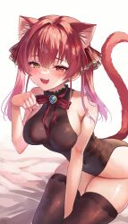 Rule 34 | 1girl, animal ears, bare shoulders, cat ears, cat tail, heterochromia, highres, hololive, houshou marine, houshou marine (1st costume), kurasaki moroko, leotard, looking at viewer, open mouth, paw pose, red eyes, red hair, ribbon, simple background, skin tight, smile, solo, tail, thighhighs, twintails, virtual youtuber, white background, yellow eyes