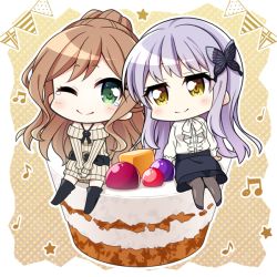Rule 34 | 2girls, amahane (n amaha), bang dream!, boots, brown hair, butterfly hair ornament, cake, chibi, food, green eyes, hair ornament, imai lisa, jewelry, long hair, long sleeves, minato yukina, multiple girls, musical note, necklace, pantyhose, purple hair, sitting, smile, star (symbol), tears, thigh boots, thighhighs, yellow eyes