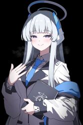 Rule 34 | 1girl, black background, blazer, blue archive, blue jacket, blue necktie, blush, breasts, closed mouth, collared shirt, half-closed eyes, halo, hand on own chest, headphones, highres, holding, holding notebook, hugging object, jacket, large breasts, long bangs, long hair, long sleeves, looking at viewer, mechanical halo, necktie, noa (blue archive), notebook, off shoulder, open clothes, open jacket, purple eyes, reia 76, shirt, sidelocks, simple background, smile, solo, straight hair, two-sided fabric, two-sided jacket, upper body, white hair, white jacket, white shirt