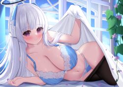 Rule 34 | 1girl, absurdres, balut (7676i), bed sheet, black pantyhose, blanket, blue archive, blue bra, blue panties, blue sky, blunt bangs, blurry, blush, bra, breasts, cleavage, closed mouth, clothes pull, cloud, collarbone, depth of field, flower, hair ornament, halo, highres, lace, lace-trimmed bra, lace-trimmed panties, lace trim, large breasts, leaf, long hair, looking at viewer, navel, noa (blue archive), panties, pantyhose, pantyhose pull, purple eyes, purple flower, sky, smile, solo, underwear, white hair, window