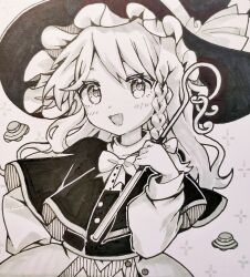Rule 34 | 1girl, :d, bow, bowtie, braid, capelet, commentary, enokishima, greyscale, hat, highres, holding, holding staff, kirisame marisa, looking at viewer, monochrome, open mouth, side braid, single braid, smile, solo, staff, symbol-only commentary, touhou, ufo, upper body, witch hat