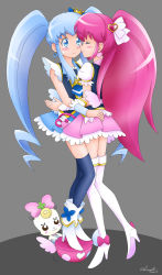 Rule 34 | 10s, 2girls, aino megumi, black legwear, blue eyes, blue hair, blue skirt, blush, boots, bow, brooch, closed eyes, creature, crown, cure lovely, cure princess, earrings, full body, grey background, hair ornament, happinesscharge precure!, heart, heart brooch, heart hair ornament, high heels, highres, hug, imminent kiss, jewelry, kiss, long hair, magical girl, md5 mismatch, mini crown, multiple girls, pink bow, pink hair, pink skirt, ponytail, precure, resolution mismatch, ribbon (happinesscharge precure!), shirayuki hime, shoes, skirt, source smaller, sweat, thigh boots, thighhighs, twintails, variangel, white legwear, wide ponytail, wrist cuffs, yuri