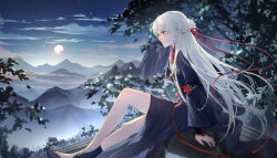 1girl absurdres black_hanfu chinese_clothes earrings flats grey_hair hair_ribbon hanfu highres jewelry jiang_shuying long_hair long_sleeves mi_changsheng moon morimori_(14292311) mountain mountainous_horizon night on_rooftop outdoors profile qixiong_ruqun red_eyes ribbon rooftop sky solo star_(sky) tree white_hair