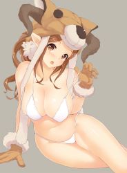 Rule 34 | 10s, 1girl, adjusting clothes, adjusting swimsuit, animal hat, arm support, bad id, bad twitter id, bikini, bikini pull, blush, bokokichi (you), breasts, brown eyes, brown gloves, brown hair, cleavage, clothes pull, covered erect nipples, daetta (granblue fantasy), draph, female focus, gloves, granblue fantasy, grey background, grey theme, halterneck, hat, highres, huge breasts, long hair, looking at viewer, navel, open mouth, original, pointy ears, simple background, sitting, skindentation, solo, swimsuit, thighs, white bikini