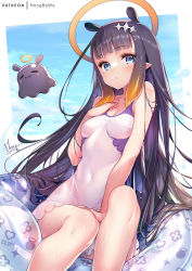 Rule 34 | 1girl, artist name, black hair, blue eyes, blue sky, blunt bangs, breasts, cloud, commentary, covered navel, day, halo, hololive, hololive english, hong (white spider), legs, long hair, looking at viewer, medium breasts, mole, mole under eye, ninomae ina&#039;nis, one-piece swimsuit, patreon username, pointy ears, sitting, sky, swimsuit, takodachi (ninomae ina&#039;nis), virtual youtuber, wet, white background, white one-piece swimsuit