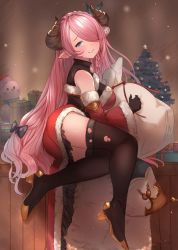 Rule 34 | 1girl, aqua (popogori), black bow, black footwear, black gloves, black thighhighs, blue eyes, blush, boots, bow, box, braid, breasts, christmas, christmas tree, closed mouth, detached sleeves, draph, full body, fur-trimmed sleeves, fur trim, gift, gift box, gloves, granblue fantasy, hair bow, hair ornament, hair over one eye, high heel boots, high heels, horns, large breasts, long hair, looking at viewer, narmaya (granblue fantasy), narmaya (holiday) (granblue fantasy), obi, pointy ears, sack, sash, smile, snowman, snowman hair ornament, solo, thigh boots, thighhighs, torn boots, torn clothes, torn thighhighs, very long hair