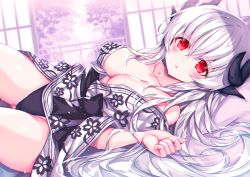 Rule 34 | 1girl, alternate costume, areola slip, black panties, breasts, cleavage, dragon girl, dragon horns, fate/grand order, fate (series), floral print, grey hair, horns, japanese clothes, kimono, kiyohime (fate), kiyohime (third ascension) (fate), large breasts, long hair, looking at viewer, lying, medium breasts, morizono shiki, multiple horns, on back, panties, print kimono, red eyes, solo, underwear, white kimono, wide sleeves, yukata