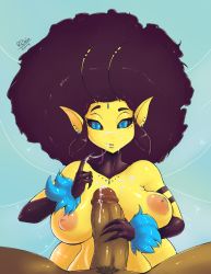 Rule 34 | 1boy, 1girl, afro, antennae, arthropod girl, bee girl, big hair, black hair, black sclera, blue eyes, borrowed character, breasts, colored sclera, colored skin, cum, cum on body, cum on breasts, cum on upper body, cum string, earrings, elbow gloves, facial, forehead jewel, gloves, hetero, insect girl, inverted nipples, jewelry, large breasts, multicolored eyes, nipples, nude, original, penis, pointy ears, pov, queen bee (queen-chikkibug), randomboobguy, solo focus, uncensored, yellow skin