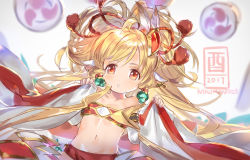 Rule 34 | 1girl, :o, bare shoulders, belt bra, big hair, blonde hair, bongo drums, character request, commentary, dated, detached sleeves, drum, emmmerald, english commentary, granblue fantasy, hair bobbles, hair ornament, hands up, instrument, long hair, long sleeves, looking at viewer, mitsudomoe (shape), parted lips, red eyes, signature, solo, tassel, tomoe (symbol)