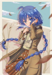 Rule 34 | 1girl, ahoge, blue eyes, blue hair, blurry, blurry foreground, braid, brown coat, checkered clothes, checkered scarf, coat, floating hair, floral print, hair between eyes, hand in own hair, highres, honba misaki, long hair, long sleeves, looking at viewer, medium skirt, mushoku tensei, open clothes, open coat, open mouth, orange skirt, print skirt, roxy migurdia, scarf, skirt, solo, standing, sweater, twin braids, twintails, very long hair, white sweater, wind