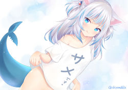 Rule 34 | 1girl, :q, absurdres, animal ear fluff, animal ears, blue eyes, blue hair, blush, cat ears, chiyami, closed mouth, clothes writing, collarbone, commentary request, dutch angle, fins, fish tail, gawr gura, grey hair, hair ornament, highres, hololive, hololive english, long hair, looking at viewer, multicolored hair, off shoulder, shark tail, shirt, short sleeves, smile, solo, streaked hair, tail, tongue, tongue out, twitter username, two side up, virtual youtuber, white shirt