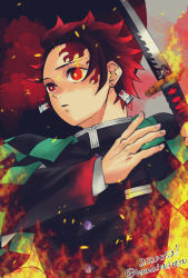 Rule 34 | 1boy, 2020, black hair, black jacket, earrings, fire, gradient hair, hankichi008, haori, highres, holding, holding sword, holding weapon, jacket, japanese clothes, jewelry, kamado tanjirou, katana, kimetsu no yaiba, long sleeves, male focus, multicolored hair, official style, red eyes, red hair, scar, scar on face, scar on forehead, solo, spiked hair, sword, twitter username, upper body, weapon