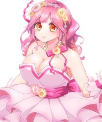 Rule 34 | 1girl, alternate costume, alternate hairstyle, bare shoulders, bow, breasts, brown eyes, cleavage, collarbone, dress, flower, highres, jewelry, large breasts, long hair, looking at viewer, macross, macross delta, makina nakajima, necklace, pearl necklace, pink bow, pink flower, pink hair, smile, solo, strapless, strapless dress, tomomon (badatomo), upper body, white background, wrist cuffs, yellow flower