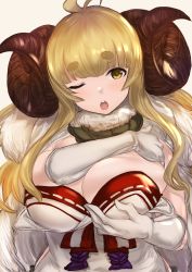 Rule 34 | 1girl, absurdres, adjusting clothes, ahoge, anila (granblue fantasy), blonde hair, blunt bangs, breasts, draph, dress, eyebrows, fur trim, gloves, granblue fantasy, highres, horns, large breasts, long hair, looking at viewer, maou (maoudaisukiya), one eye closed, sheep horns, short eyebrows, solo, strapless, strapless dress, thick eyebrows, upper body, wavy hair, white gloves, yellow eyes
