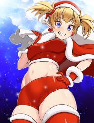 Rule 34 | 1girl, arcana heart, blonde hair, blue eyes, blush, breasts, christmas, grin, hand on own hip, hat, highres, legs, lilica felchenerow, looking at viewer, medium breasts, midriff, navel, santa hat, shorts, smile, snowing, solo, thick thighs, thighs, twintails