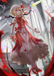 Rule 34 | 1girl, absurdres, adapted costume, ascot, blonde hair, blood, church, flandre scarlet, flying sweatdrops, hat, hat ribbon, highres, kabaneneko, layered skirt, mob cap, open mouth, pointy ears, puffy sleeves, red eyes, red footwear, ribbon, shirt, shoes, short sleeves, side ponytail, skirt, skirt set, solo, stained glass, touhou, vest, wings, wrist cuffs
