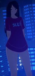 Rule 34 | 1girl, 3d, arms behind back, black hair, blush, bottomless, city, city background, cityscape, embarrassed, fence, half-closed eyes, half-dressed, julianne stingray, koikatsu, long hair, looking away, railing, shirt, solo, solo focus, spiritofrei, va-11 hall-a