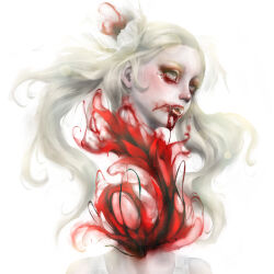 Rule 34 | 1girl, bare shoulders, blood, blood from mouth, bloody tears, decapitation, expressionless, flower, genk, grey eyes, grey hair, guro, hair flower, hair ornament, long hair, open mouth, original, saliva, severed head, simple background, solo, twintails, white background, white flower