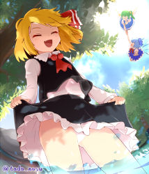 Rule 34 | 3girls, :d, ^ ^, artist name, ascot, black skirt, black vest, blonde hair, blue bow, blue dress, blue hair, blue sky, bow, bowtie, cirno, closed eyes, cloud, commentary request, cowboy shot, daiyousei, day, dress, fairy wings, fang, fisheye, frilled shirt collar, frills, green hair, hair bow, hair ribbon, hand to own mouth, highres, holding hands, ice, ice wings, long sleeves, miniskirt, multiple girls, open mouth, outdoors, panties, pantyshot, petticoat, pinafore dress, pointing, puffy short sleeves, puffy sleeves, red bow, red neckwear, red ribbon, ribbon, rock, rumia, shirt, short hair, short sleeves, side ponytail, skirt, skirt set, sky, sleeveless dress, smile, standing, tada no nasu, thighs, touhou, tree, twitter username, underwear, vest, wading, water, water drop, white panties, white shirt, wing collar, wings, yellow bow