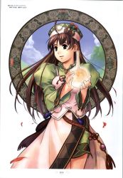 Rule 34 | 1girl, ahoge, atelier (series), atelier viorate, brown eyes, brown hair, cloud, dress, female focus, flask, flower, hat, highres, long hair, official art, ouse kohime, plant, round-bottom flask, scan, skirt, sky, solo, tree, viorate platane, white background