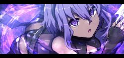 Rule 34 | 1girl, :o, absurdres, bad id, bad twitter id, between fingers, black bodysuit, black gloves, black hairband, bodysuit, breasts, cleavage, commentary request, dark-skinned female, dark skin, fate/prototype, fate/prototype: fragments of blue and silver, fate (series), fingerless gloves, gloves, hair between eyes, hairband, hassan of serenity (fate), highres, holding, kunai, leotard, letterboxed, medium breasts, open mouth, protected link, purple eyes, purple hair, sidelocks, solo, thighhighs, v-shaped eyebrows, wada kazu, weapon