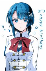 Rule 34 | 1girl, :/, aizawa kazuha, arms at sides, assault lily, asymmetrical hair, black shirt, blue eyes, blue hair, bow, bowtie, breasts, buttons, chimimago, closed mouth, commentary request, confetti, dated, hair ornament, hairclip, happy birthday, herensuge girls academy school uniform, jacket, long sleeves, looking at viewer, medium breasts, red bow, red bowtie, school uniform, shirt, short hair, solo, upper body, white background, white jacket