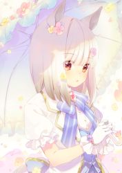Rule 34 | 1girl, blue bow, blue flower, blue vest, bow, brooch, brown eyes, commentary request, ech, flower, frilled umbrella, frills, gloves, hair flower, hair ornament, hairclip, happy meek (umamusume), holding, holding umbrella, jacket, jewelry, looking at viewer, parted lips, pink flower, purple flower, shirt, solo, striped, striped bow, umamusume, umbrella, upper body, vest, white gloves, white hair, white jacket, white shirt, white umbrella, yellow flower