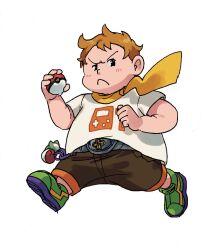 Rule 34 | 1boy, belt, black eyes, blush, brown pants, closed mouth, commentary request, creatures (company), elizabeth (tomas21), frown, game freak, green footwear, hand up, holding, holding poke ball, looking to the side, male focus, nintendo, orange hair, pants, poke ball, poke ball (basic), pokemon, pokemon sm, scarf, shirt, shoes, short hair, short sleeves, simple background, solo, sophocles (pokemon), t-shirt, white background, white shirt, yellow scarf