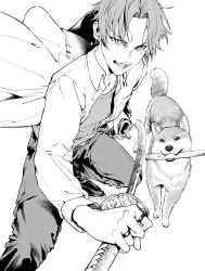 1boy akita_inu collared_shirt commentary_request cross cross_earrings curtained_hair dog earrings fighting_stance greyscale highres holding holding_sheath holding_sword holding_weapon jewelry looking_at_viewer male_focus mole mole_under_eye monochrome morimoto_atsushi mouth_hold open_clothes open_shirt original parted_bangs parted_lips sheath shirt simple_background solo sword weapon