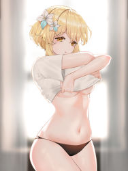 Rule 34 | 1girl, absurdres, bad id, bad twitter id, black panties, blonde hair, blurry, blurry background, breasts, clothes lift, cowboy shot, flower, genshin impact, hair flower, hair ornament, highres, lifted by self, looking at viewer, lumine (genshin impact), navel, panties, shirt, shirt lift, short hair with long locks, short sleeves, solo, stomach, t-shirt, ueng, underboob, underwear, undressing