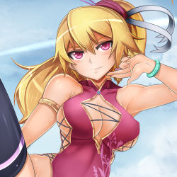 Rule 34 | 1girl, armlet, armpits, bad id, bad pixiv id, bare shoulders, black thighhighs, blonde hair, blush, bracelet, breasts, china dress, chinese clothes, cleavage, cleavage cutout, clothing cutout, dress, female focus, hair ornament, hair stick, jewelry, large breasts, leg lift, leg up, long hair, nail polish, oni-noboru, original, pink eyes, ponytail, red eyes, smile, solo, thighhighs