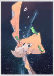 Rule 34 | border, commentary request, creatures (company), crying, game freak, gen 3 pokemon, green eyes, highres, jirachi, kikuyoshi (tracco), legendary pokemon, looking up, mythical pokemon, night, nintendo, no humans, outdoors, own hands together, pokemon, pokemon (creature), solo, sparkle, tears, water drop, white border