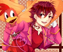 Rule 34 | 1boy, animification, bad id, bad pixiv id, bird, disney, doily, dual persona, gloves, hat, heart, heart of string, looking back, male focus, panchito pistoles, personification, polka dot, polka dot background, red eyes, red hair, satsumaage (miyabi-blue-7), short hair, smile, solo, sombrero, the three caballeros