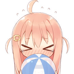 Rule 34 | &gt; &lt;, 1girl, ahoge, ayanepuna, ball, bare shoulders, beachball, blue one-piece swimsuit, blush, closed eyes, facing viewer, flying sweatdrops, hair between eyes, hands up, holding, holding ball, ii (ayanepuna), long hair, nose blush, one-piece swimsuit, original, pink hair, school swimsuit, solo, swimsuit, tears, transparent, two side up, upper body