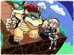 Rule 34 | 1girl, :d, ^ ^, armor, blonde hair, blue sky, bowser, bracelet, closed eyes, cloud, collar, corrin (female) (fire emblem), corrin (fire emblem), fire emblem, fire emblem fates, foot dangle, gauntlets, hair between eyes, hairband, holding, jewelry, nintendo, notice lines, open mouth, pointy ears, puffy short sleeves, puffy sleeves, red eyes, setz, short sleeves, sky, slit pupils, smile, spiked bracelet, spiked collar, spikes, super smash bros.