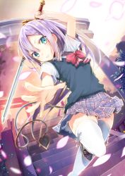 Rule 34 | 1girl, arm up, blue eyes, cherry blossoms, demon tail, fighting stance, hair between eyes, holding, holding sword, holding weapon, leg up, loafers, long hair, looking at viewer, md5 mismatch, miniskirt, motion blur, original, outstretched arm, palms, petals, plaid, plaid skirt, purple hair, school uniform, shirt, shoes, short sleeves, skirt, solo, sweater vest, sword, tail, thighhighs, torii, umeboshitora, upskirt, weapon, white shirt, white thighhighs