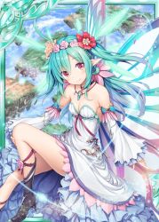 Rule 34 | 1girl, akkijin, aqua hair, blue sky, boots, breasts, butterfly wings, card (medium), dress, flower, hair flower, hair ornament, insect wings, island, jewelry, necklace, pixie servant (shinkai no valkyrie), pointy ears, red eyes, shinkai no valkyrie, sitting, sky, small breasts, solo, white dress, wings