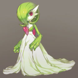 Rule 34 | 1girl, bob cut, breasts, brown background, closed mouth, colored skin, creatures (company), female focus, full body, game freak, gardevoir, gen 3 pokemon, gradient background, green hair, green skin, hair over one eye, looking at viewer, lowres, multicolored skin, nintendo, one eye covered, oyama yoihaya, pokemon, pokemon (creature), red eyes, short hair, simple background, small breasts, solo, standing, two-tone skin, white skin