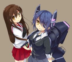 Rule 34 | 10s, 2girls, akagi (kancolle), armor, breasts, brown eyes, brown hair, checkered clothes, checkered necktie, checkered neckwear, eyepatch, grin, hand on own hip, headgear, japanese clothes, kantai collection, katsudansou, looking at viewer, machinery, multiple girls, muneate, necktie, purple hair, small breasts, smile, tenryuu (kancolle), thighhighs, turret, yellow eyes